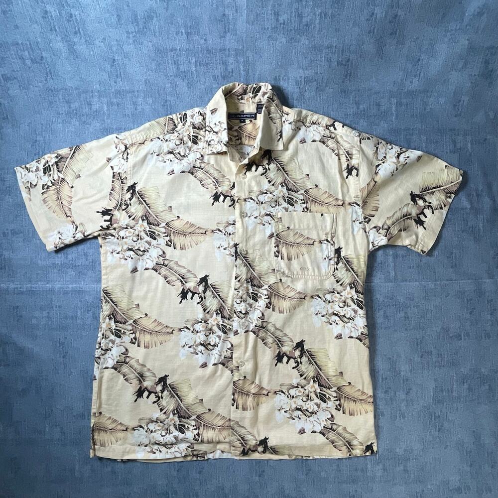 Roper Mens Medium Hawaiian Tropical Button Up Shirt Horse Palm Floral 100%Cotton